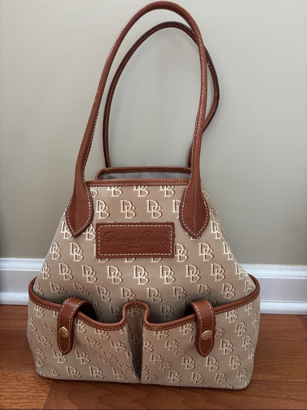 Dooney & Bourke Tan Logo Tote with Brown Leather Trim